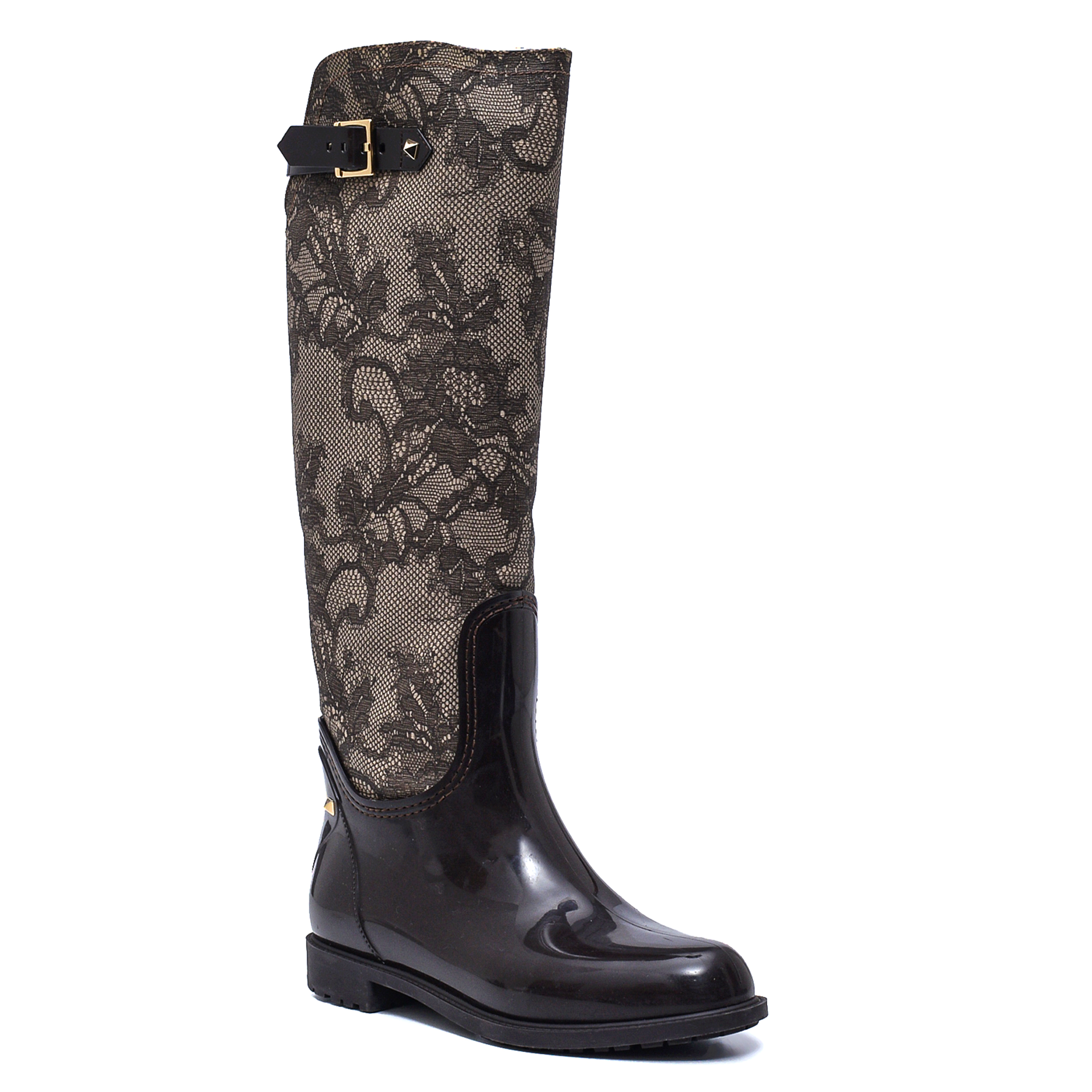 Valentino-Brown Rubber and Beige Lace Rain Boots 39